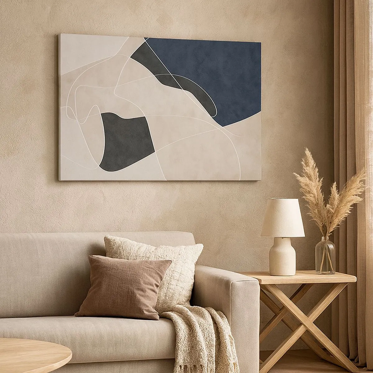 Bild auf Leinwand - Leinwandbild - Geometrische Abstraktion in Beige- und Marineblautönen - 70x50cm - Abstrakte Komposition – Farbkontrast - Moderne Wanddekoration für Wohnzimmer und Schlafzimmer ARTTOR