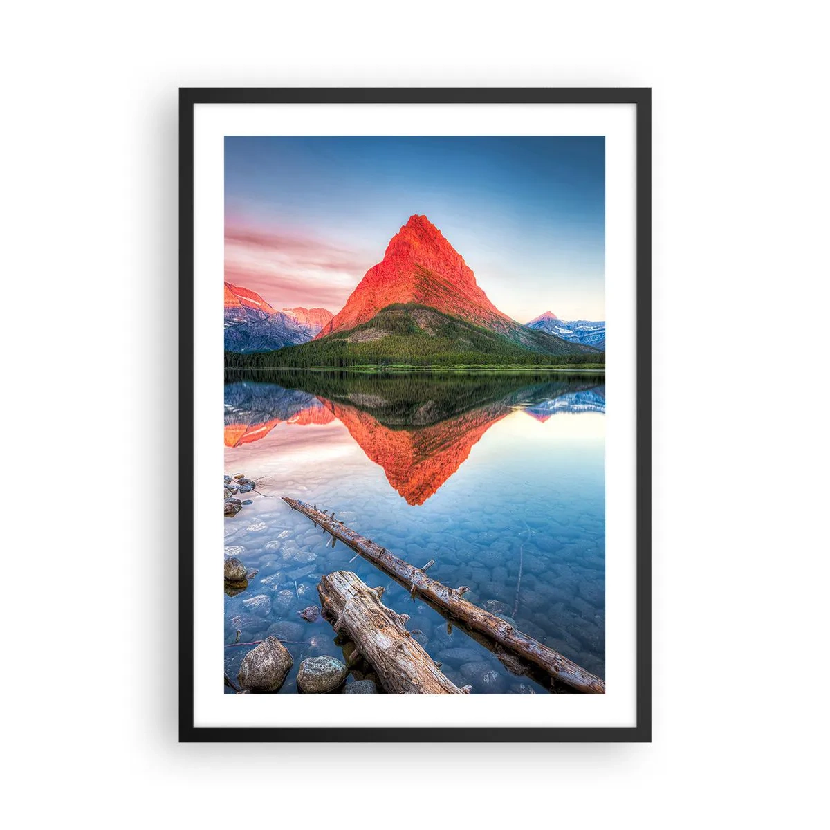 Poster in einem schwarzem Rahmen - Ein Berg, der sich in einem ruhigen See spiegelt - 50x70cm - Hitze und Kälte - Moderne Wanddekoration für Wohnzimmer und Schlafzimmer ARTTOR