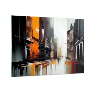 Glasbild - Bild auf glas - Eine Straße im Regen mit hohen Gebäuden in warmen Farben - 70x50cm - Regnerischer Tag - Moderne Wanddekoration für Wohnzimmer und Schlafzimmer ARTTOR