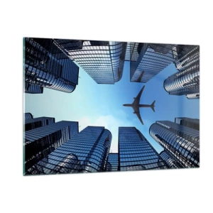 Glasbild - Bild auf glas - Blick auf das Flugzeug zwischen Wolkenkratzern - 120x80cm - Der Blick aus der Glasschlucht - Moderne Wanddekoration für Wohnzimmer und Schlafzimmer ARTTOR