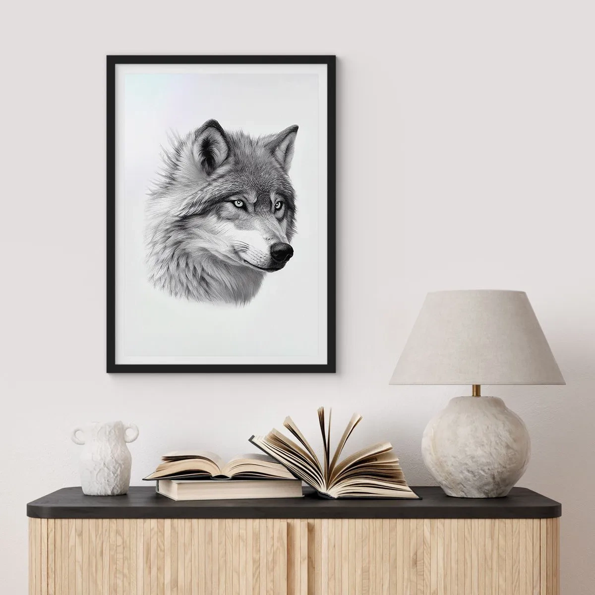 Poster in einem schwarzem Rahmen - Ein realistisches Porträt eines Wolfes in Grautönen. - 50x70cm - Alpha – ohne Zweifel - Moderne Wanddekoration für Wohnzimmer und Schlafzimmer ARTTOR