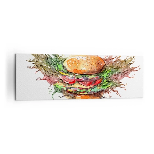 Bild auf Leinwand - Leinwandbild - Künstlerische Darstellung eines Burgers mit dynamischen Elementen - 160x50cm - Heiße Versuchung - Moderne Wanddekoration für Wohnzimmer und Schlafzimmer ARTTOR