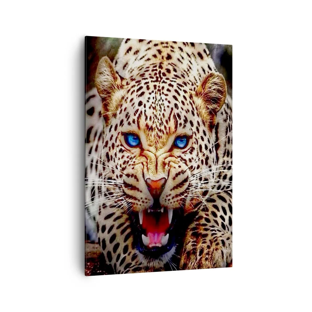 Bild auf Leinwand - Leinwandbild - Ein bedrohlicher Leopard mit intensiv blauen Augen - 70x100cm - Schönheitswut tut nicht weh - Moderne Wanddekoration für Wohnzimmer und Schlafzimmer ARTTOR