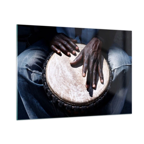 Glasbild - Bild auf glas - Nahaufnahme von Händen, die eine Djembe-Trommel spielen - 100x70cm - Lebe in deinem eigenen Rhythmus - Moderne Wanddekoration für Wohnzimmer und Schlafzimmer ARTTOR