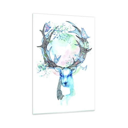 Glasbild - Bild auf glas - Eine skurrile Hirschgrafik mit Natur- und Schmetterlingsmotiv - 80x120cm - Die Kraft und Feinheit der Natur - Moderne Wanddekoration für Wohnzimmer und Schlafzimmer ARTTOR