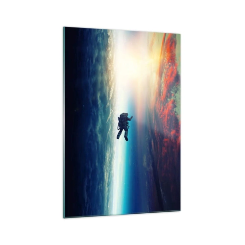 Glasbild - Bild auf glas - Ein Astronaut schwebt im Weltraum über einer bunten Erde - 70x100cm - Sich dem Universum stellen - Moderne Wanddekoration für Wohnzimmer und Schlafzimmer ARTTOR