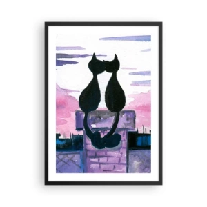 Poster in einem schwarzem Rahmen - Zwei schwarze Katzen vor einem rosa-violetten Himmel - 50x70cm - Rendez-vous unter dem Mond - Moderne Wanddekoration für Wohnzimmer und Schlafzimmer ARTTOR