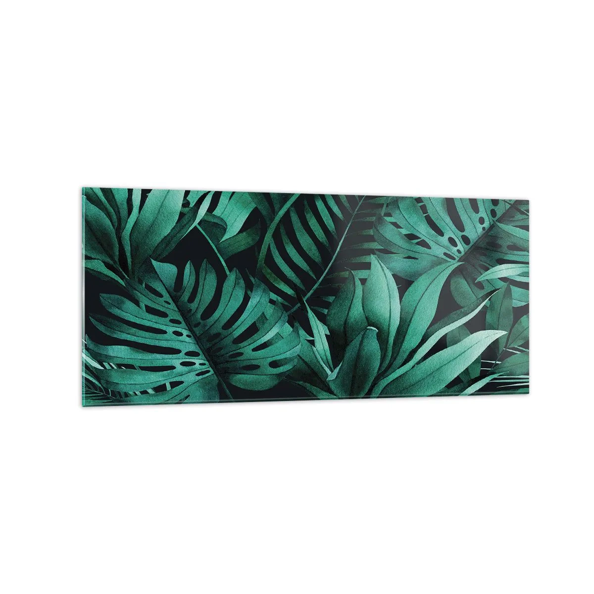 Glasbild - Bild auf glas - Tropische Blätter in intensiven Grüntönen - 120x50cm - Die Tiefe des tropischen Grüns - Moderne Wanddekoration für Wohnzimmer und Schlafzimmer ARTTOR