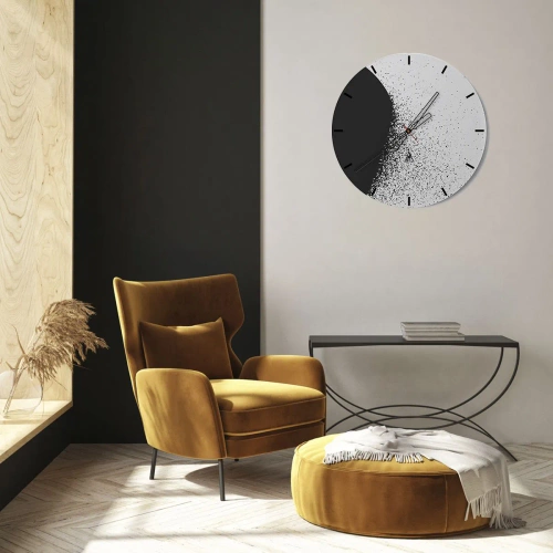 Wanduhr - Glasuhr - Schwarz-weißes abstraktes Muster mit verstreuten Punkten - 30x30cm - Bewegung von Molekülen - Moderne Wanddekoration für Wohnzimmer, Küche und Schlafzimmer ARTTOR