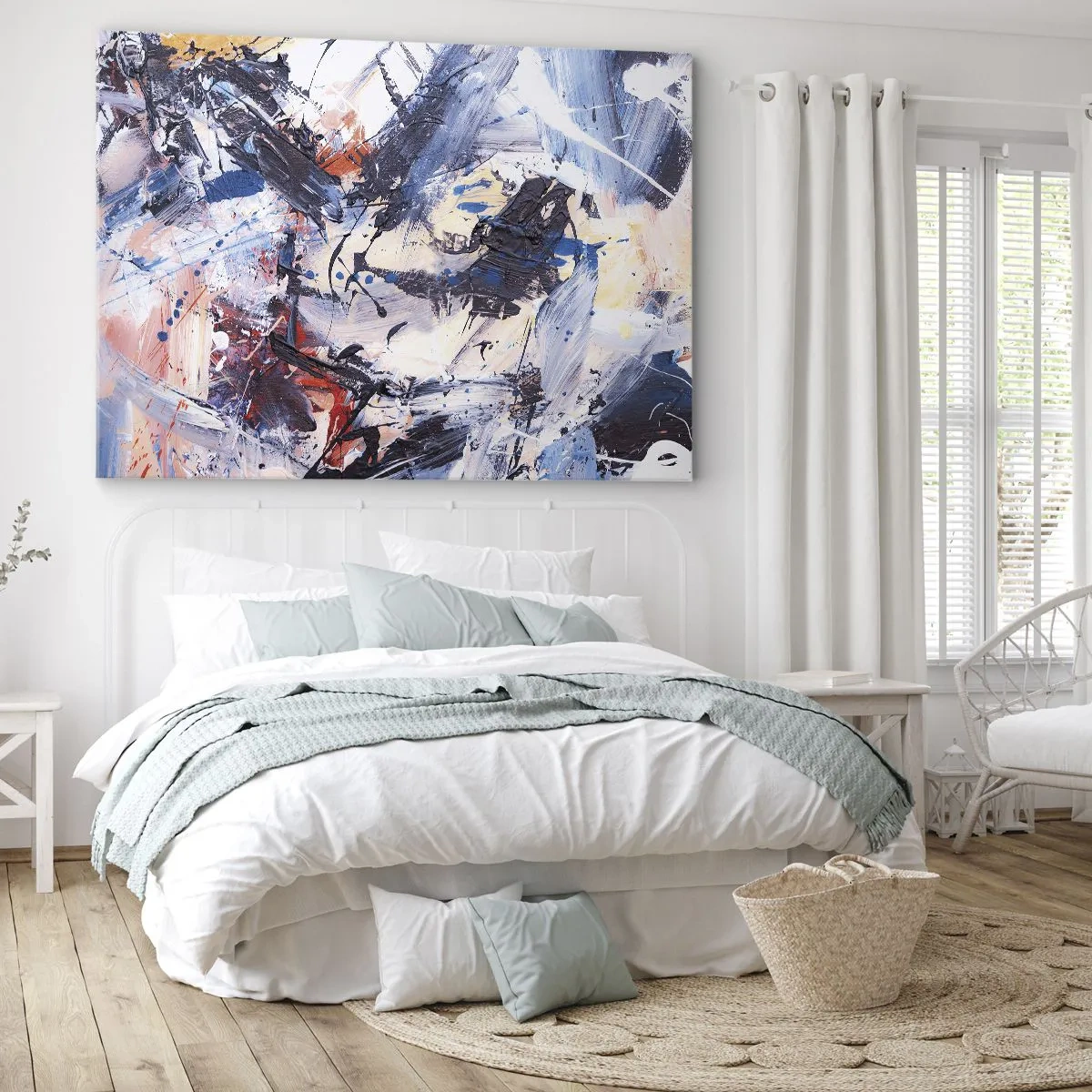 Bild auf Leinwand - Leinwandbild - Abstraktion mit dynamischen Pinselstrichen in Blau und Rot. - 100x70cm - Verrückter Tanz der Abstraktion - Moderne Wanddekoration für Wohnzimmer und Schlafzimmer ARTTOR