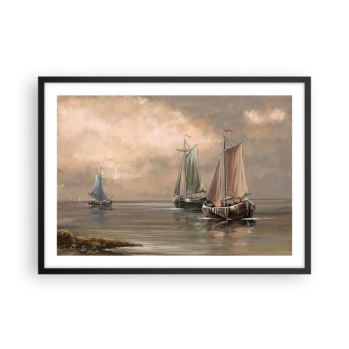 Poster in einem schwarzem Rahmen - Segelboote auf ruhigem Meer in pastellfarbener Umgebung - 70x50cm - Die Rückkehr der Matrosen - Moderne Wanddekoration für Wohnzimmer und Schlafzimmer ARTTOR