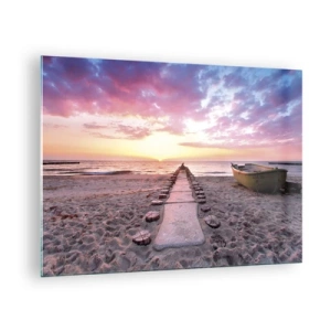 Glasbild - Bild auf glas - Sonnenuntergangsstrand mit Boot und Pier - 70x50cm - Ein Moment tiefer Erfahrung - Moderne Wanddekoration für Wohnzimmer und Schlafzimmer ARTTOR