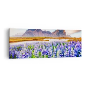 Bild auf Leinwand - Leinwandbild - Blumen in einer Berglandschaft mit malerischem Himmel - 140x50cm - Kraft und Strenge neben Sanftmut - Moderne Wanddekoration für Wohnzimmer und Schlafzimmer ARTTOR