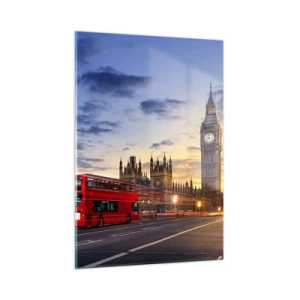 Glasbild - Bild auf glas - Big Ben und der Red Bus in London bei Sonnenuntergang - 50x70cm - Spezielle Charaktere - Moderne Wanddekoration für Wohnzimmer und Schlafzimmer ARTTOR