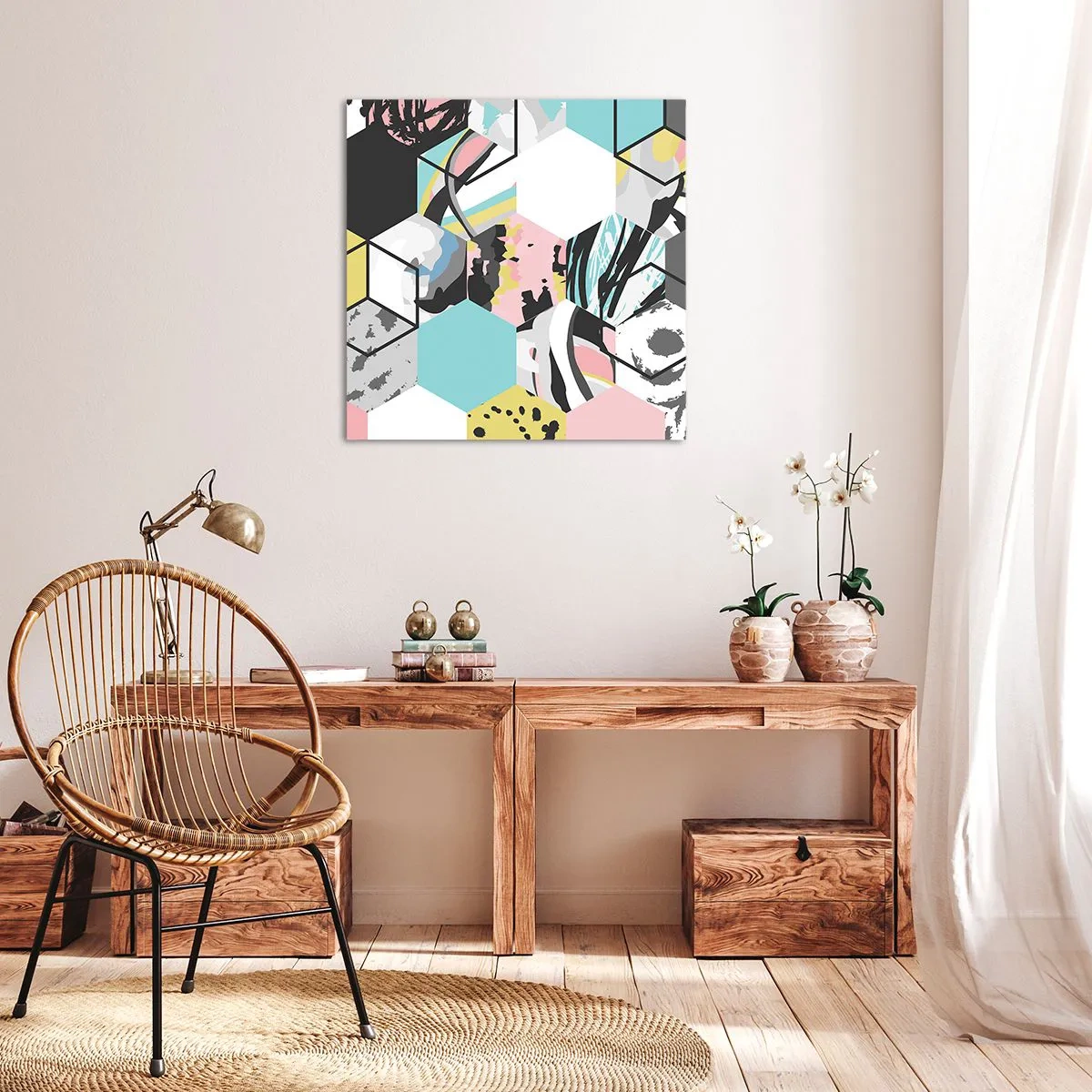 Bild auf Leinwand - Leinwandbild - Sechsecke und Würfel in sechs Farben - 50x50 cm