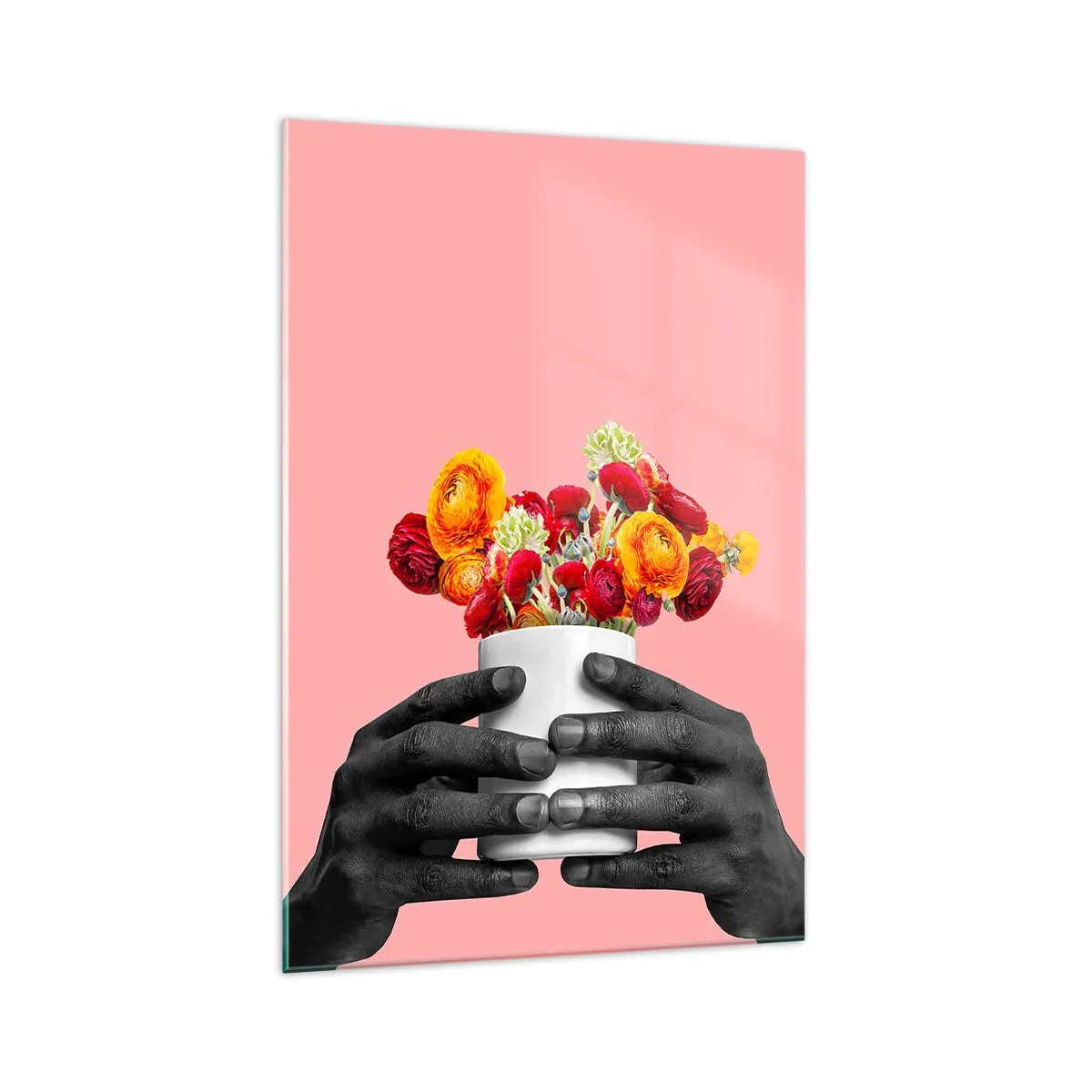 Glasbild - Bild auf glas - Hände halten einen Strauß bunter Blumen - 70x100cm - Die Apotheose des Lebens - Moderne Wanddekoration für Wohnzimmer und Schlafzimmer ARTTOR