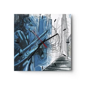Wanduhr - Glasuhr - Eine Saxophon spielende Figur vor dem Hintergrund einer Stadt - 30x30cm - Urbane Rhapsodie - Moderne Wanddekoration für Wohnzimmer und Schlafzimmer ARTTOR