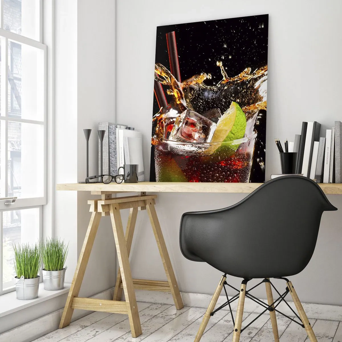 Glasbild - Bild auf glas - Ein Glas Getränk mit Limette und Spritzer auf schwarzem Hintergrund - 50x70cm - Freude und Energie der Farben - Moderne Wanddekoration für Wohnzimmer und Schlafzimmer ARTTOR