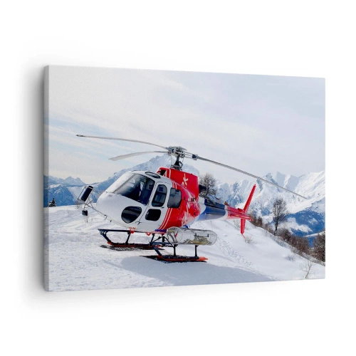 Bild auf Leinwand - Leinwandbild - Ein roter Hubschrauber vor einer verschneiten Berglandschaft. - 70x50cm - Immer bereit - Moderne Wanddekoration für Wohnzimmer und Schlafzimmer ARTTOR