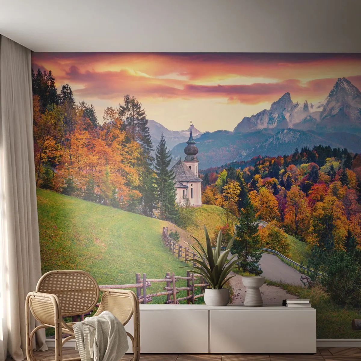 Fototapete Premium Sand - Landschaftsartige Malerei - Berglandschaft, Weg, Kirche - 100x70 cm