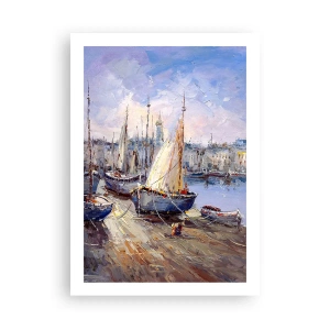 Poster - Segelboote in einem malerischen Hafen, beleuchtet von den Sonnenstrahlen - 50x70cm - Stadt an der Bucht - Moderne Wanddekoration für Wohnzimmer und Schlafzimmer ARTTOR