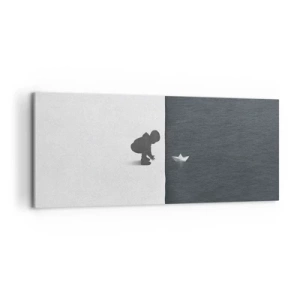 Bild auf Leinwand - Leinwandbild - Eine Kinderfigur mit einem Papierboot vor einem Hintergrund aus kontrastierenden Hälften - 120x50cm - Tolle Expedition - Moderne Wanddekoration für Wohnzimmer und Schlafzimmer ARTTOR