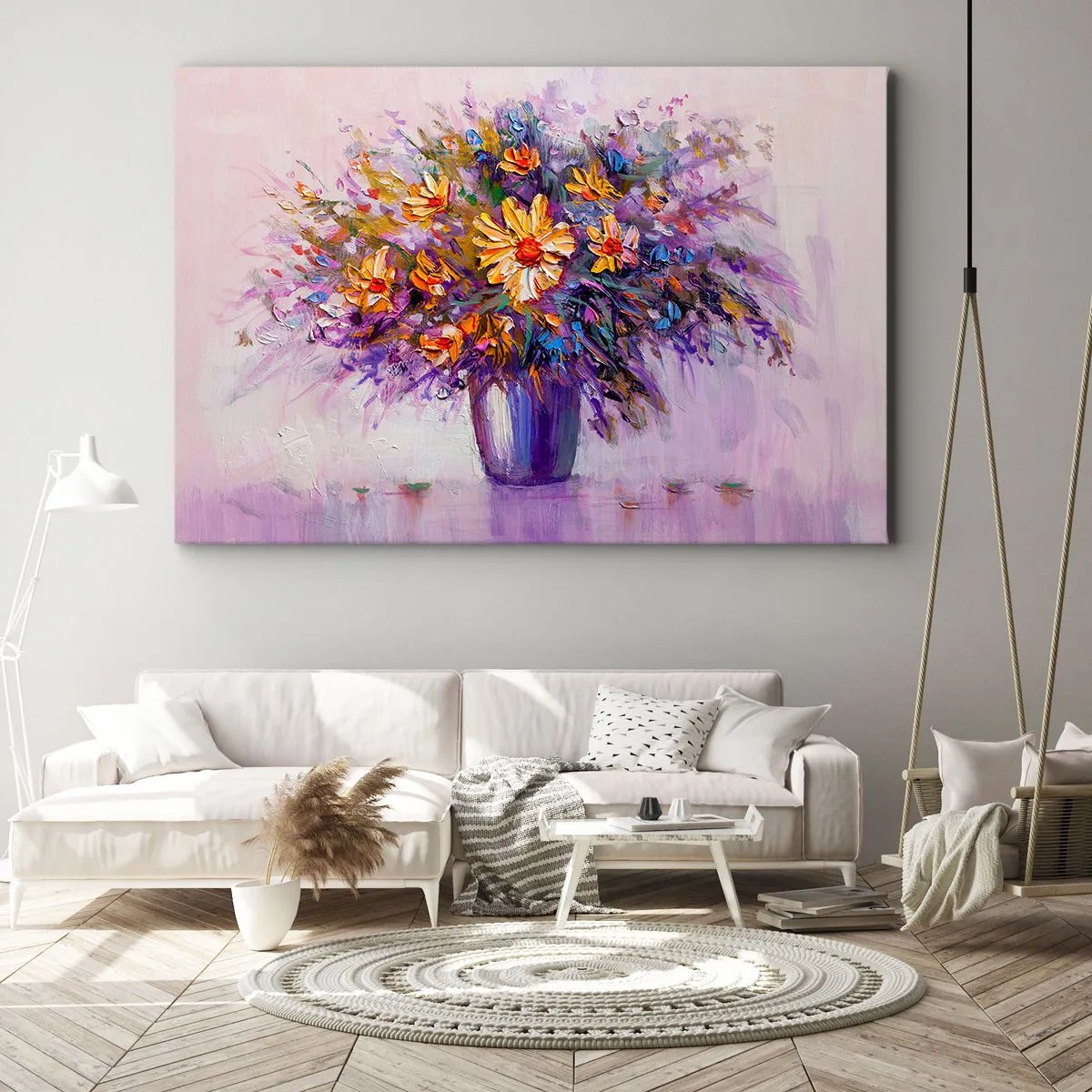 Bild auf Leinwand - Leinwandbild - Ein Blumenstrauß in einer Vase auf pastellfarbenem Hintergrund - 120x80cm - Es riecht süß, sieht süß aus - Moderne Wanddekoration für Wohnzimmer und Schlafzimmer ARTTOR