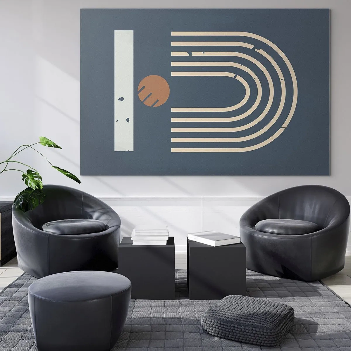 Glasbild - Bild auf glas - Geometrische Retro-Komposition auf dunklem Hintergrund - 70x50cm - Geometrie auf dem Granatapfel - Moderne Wanddekoration für Wohnzimmer und Schlafzimmer ARTTOR