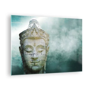 Glasbild - Bild auf glas - Buddha-Statue in mystischer Atmosphäre - 70x50cm - Auf der Suche nach dem Licht - Moderne Wanddekoration für Wohnzimmer und Schlafzimmer ARTTOR