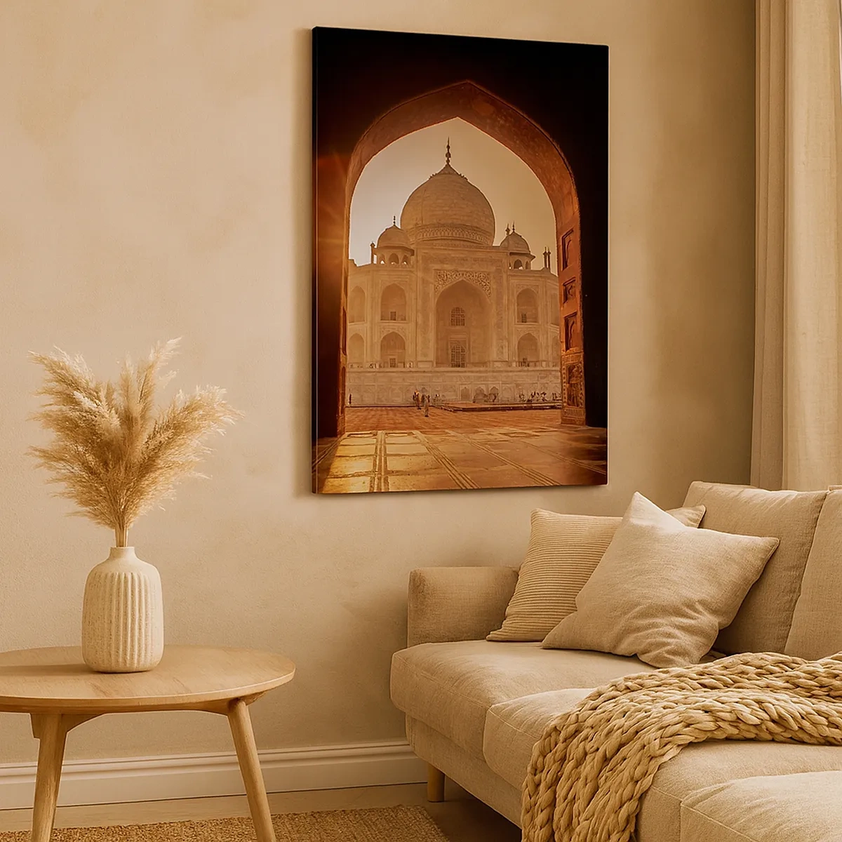 Bild auf Leinwand - Leinwandbild - Taj Mahal im Sonnenlicht vom Torbogen aus gesehen - 50x70cm - Denkmal der überirdischen Liebe - Moderne Wanddekoration für Wohnzimmer und Schlafzimmer ARTTOR