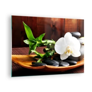 Glasbild - Bild auf glas - Weiße Orchidee auf schwarzen Steinen und Bambus in einer Holzschale - 70x50cm - Geben Sie sich dem Hauch der Natur hin - Moderne Wanddekoration für Wohnzimmer und Schlafzimmer ARTTOR