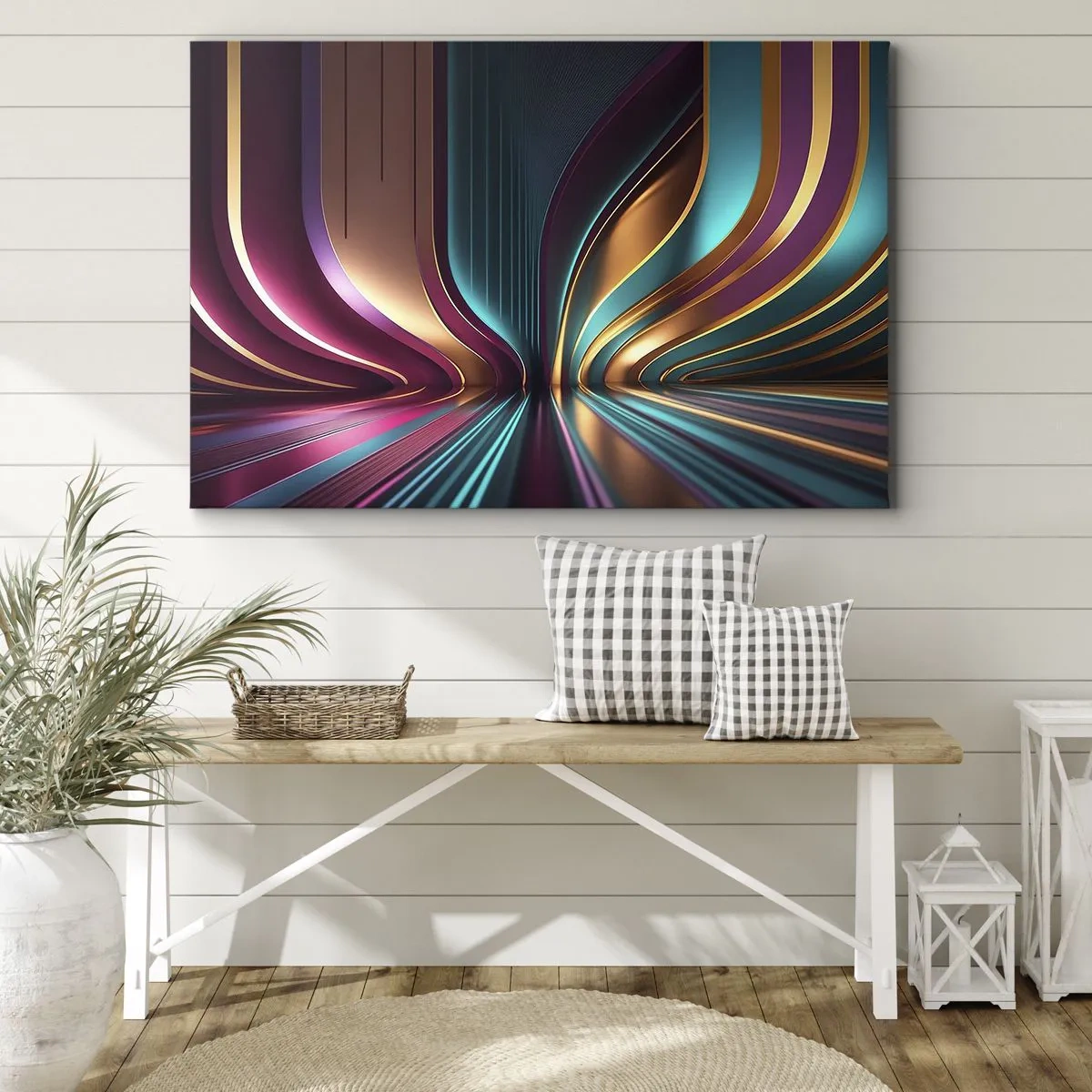 Bild auf Leinwand - Leinwandbild - Futuristische Abstraktion mit intensiven Farben und Kurven - 70x50cm - Architektur des Lichts - Moderne Wanddekoration für Wohnzimmer und Schlafzimmer ARTTOR