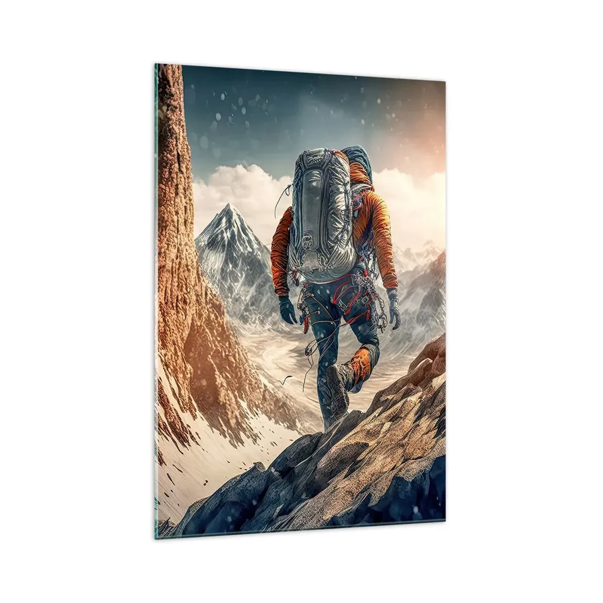 Glasbild - Bild auf glas - Ein Bergsteiger auf einem Bergpfad in einer Winterlandschaft - 70x100cm - Einsamer Krieger - Moderne Wanddekoration für Wohnzimmer und Schlafzimmer ARTTOR