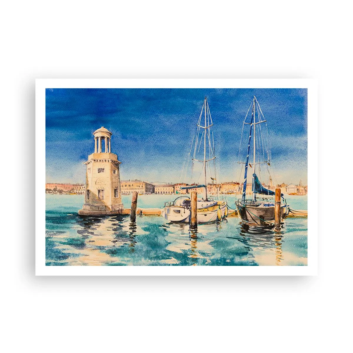 Poster - Yachthafen mit Booten vor der Kulisse einer blauen Lagune - 100x70cm - Sonnige Lagune - Moderne Wanddekoration für Wohnzimmer und Schlafzimmer ARTTOR