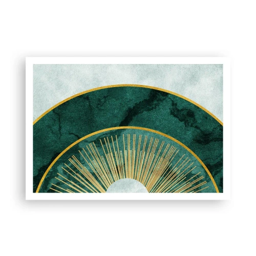 Poster - Abstraktes Muster mit Kreisen in Smaragd- und Goldfarben. - 100x70cm - Anderes Sonnensystem - Moderne Wanddekoration für Wohnzimmer und Schlafzimmer ARTTOR
