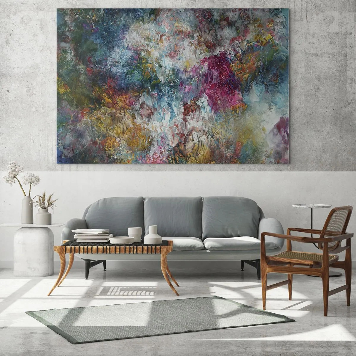 Glasbild - Bild auf glas - Eine abstrakte Komposition aus bunten Blumen in intensiven Farben. - 70x50cm - In voller Blüte - Moderne Wanddekoration für Wohnzimmer und Schlafzimmer ARTTOR