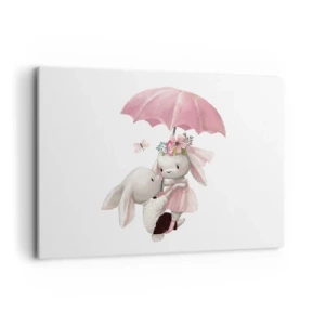 Bild auf Leinwand - Leinwandbild - Süße Häschen unter einem rosa Regenschirm - 100x70cm - Das ist eben Liebe - Moderne Wanddekoration für Wohnzimmer und Schlafzimmer ARTTOR