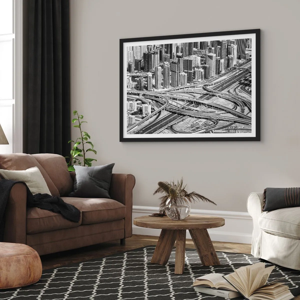Poster in einem schwarzem Rahmen - Dubai aus der Vogelperspektive - 70x50cm - Dubai - die unmögliche Stadt - Moderne Wanddekoration für Wohnzimmer und Schlafzimmer ARTTOR