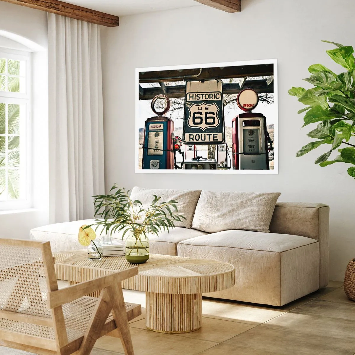 Poster - Historische Tankstelle an der Route 66 - 100x70cm - Amerikanische Retro-Reise - Moderne Wanddekoration für Wohnzimmer und Schlafzimmer ARTTOR