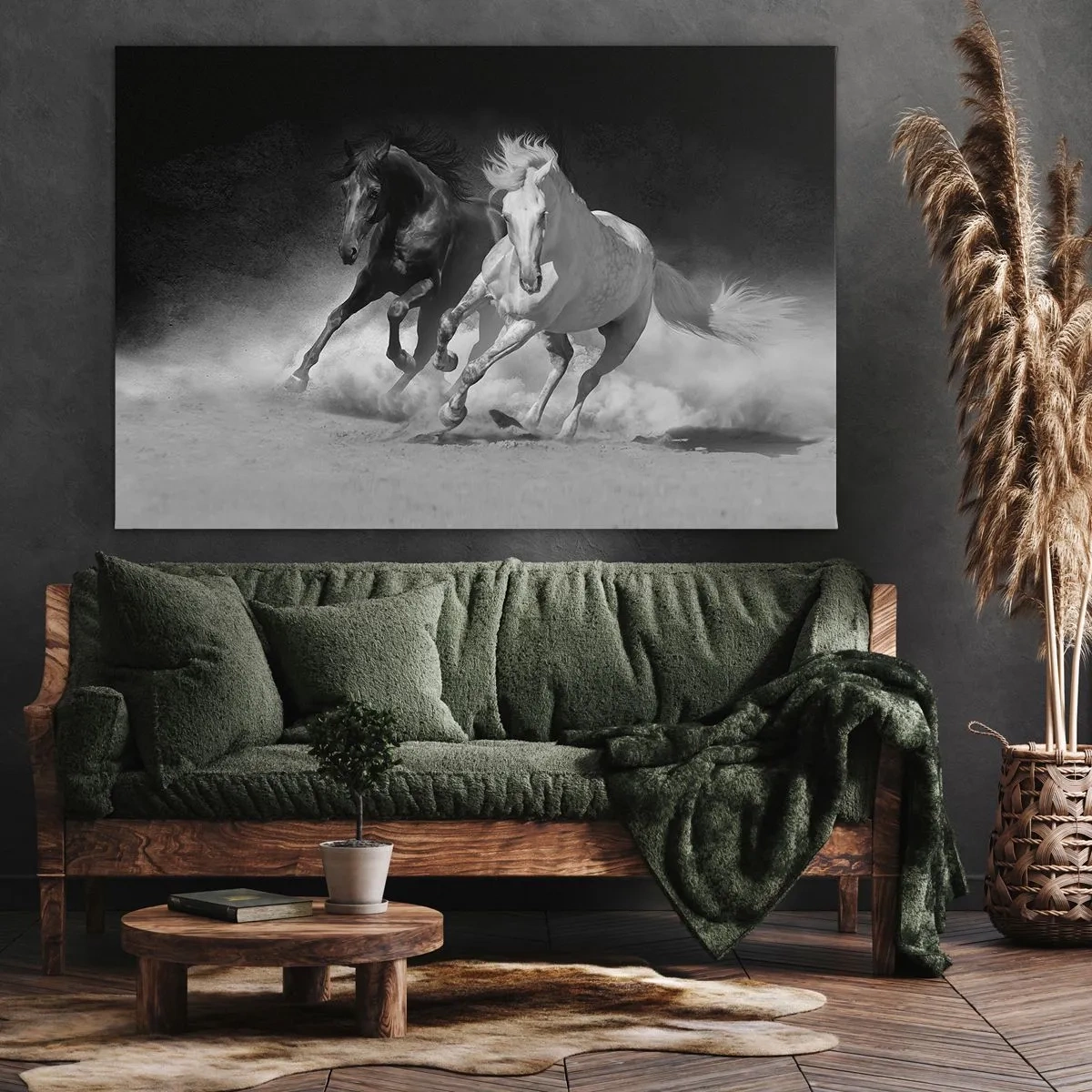 Bild auf Leinwand - Leinwandbild - Laufende Pferde in Schwarz und Weiß - 120x80cm - Galopp der Freiheit - Moderne Wanddekoration für Wohnzimmer und Schlafzimmer ARTTOR