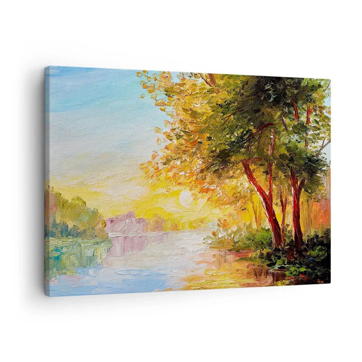 Bild auf Leinwand - Leinwandbild - Eine malerische Landschaft mit einem Fluss und Bäumen bei Sonnenuntergang - 70x50cm - Et in Arcadia ego - Moderne Wanddekoration für Wohnzimmer und Schlafzimmer ARTTOR
