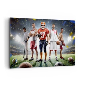 Bild auf Leinwand - Leinwandbild - Eine dynamische Szene von Athleten verschiedener Disziplinen im Stadion unter dem Scheinwerferlicht - 120x80cm - Feldgladiatoren - Moderne Wanddekoration für Wohnzimmer und Schlafzimmer ARTTOR