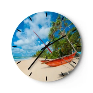 Wanduhr - Glasuhr - Ein Strand mit Palmen und einem roten Boot vor blauem Himmel - 30x30cm - Der Charme der Tropen - Moderne Wanddekoration für Wohnzimmer, Küche und Schlafzimmer ARTTOR