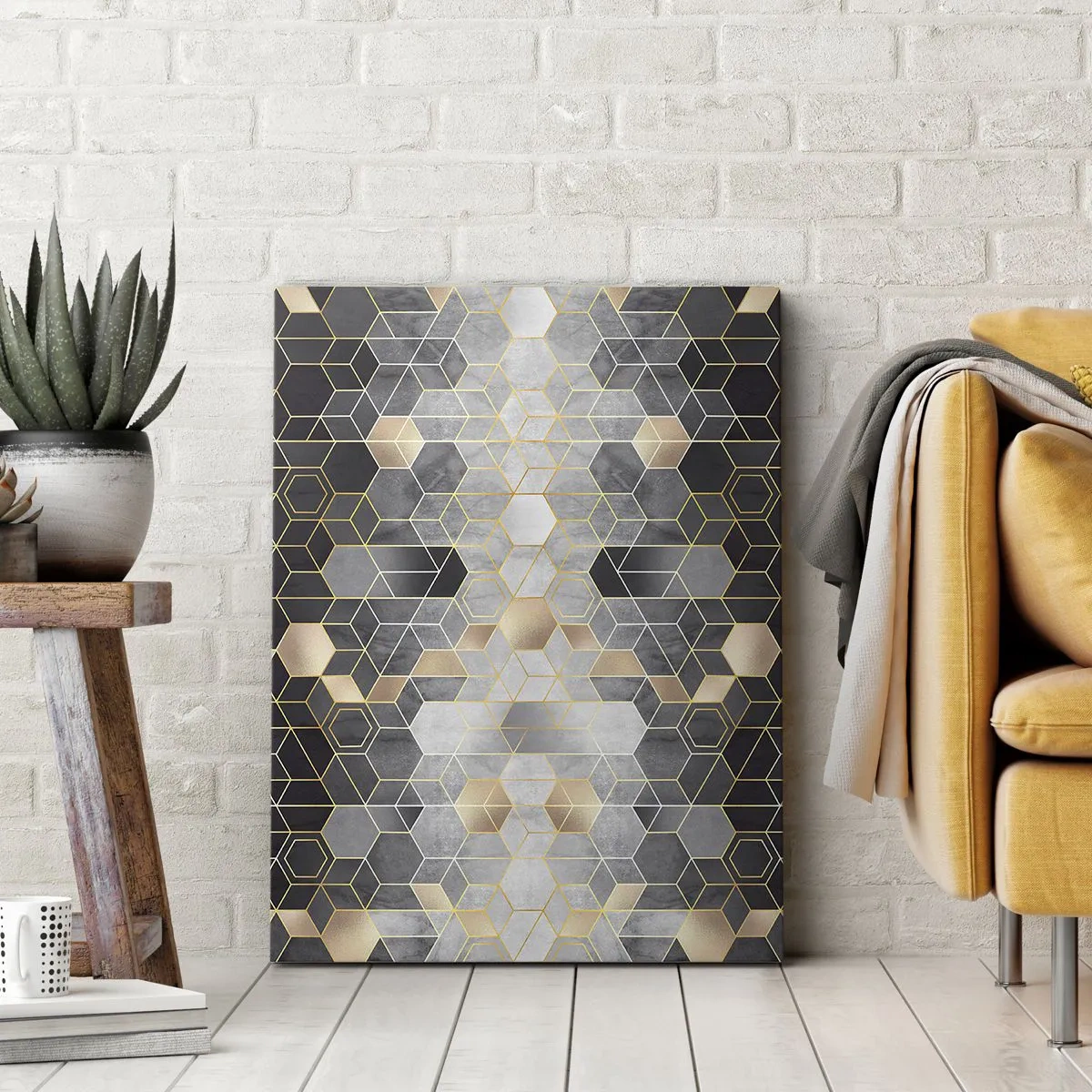 Bild auf Leinwand - Leinwandbild - Geometrisches Muster in goldenen Farbtönen - 70x100cm - Diamant-Komposition - Moderne Wanddekoration für Wohnzimmer und Schlafzimmer ARTTOR
