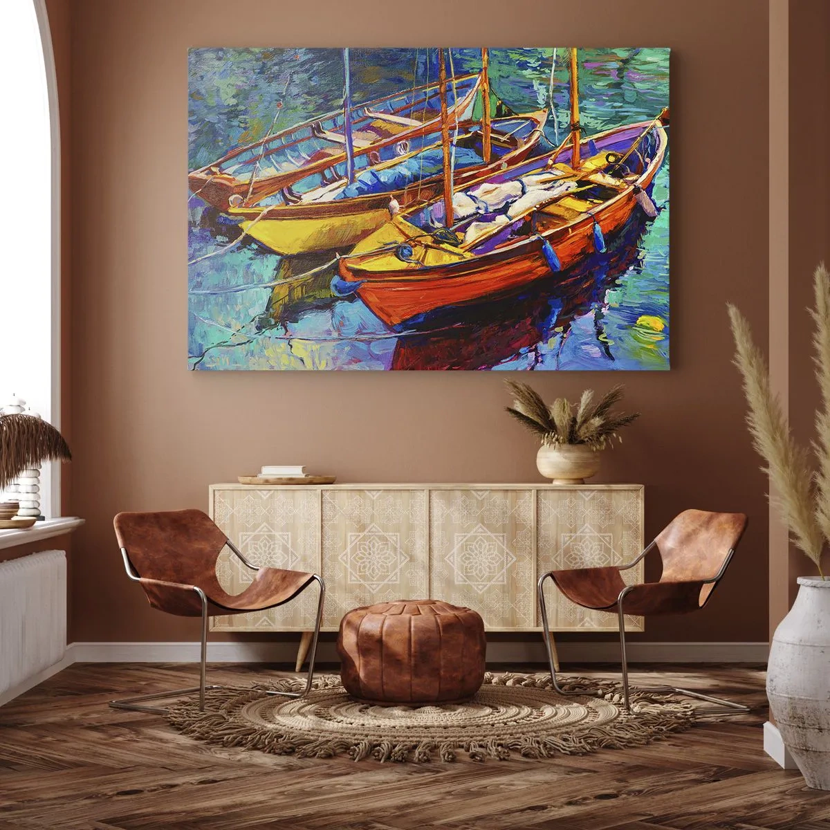 Bild auf Leinwand - Leinwandbild - Bunte Boote auf ruhigem Wasser - 100x70cm - Auf Wasser dick mit Farben - Moderne Wanddekoration für Wohnzimmer und Schlafzimmer ARTTOR