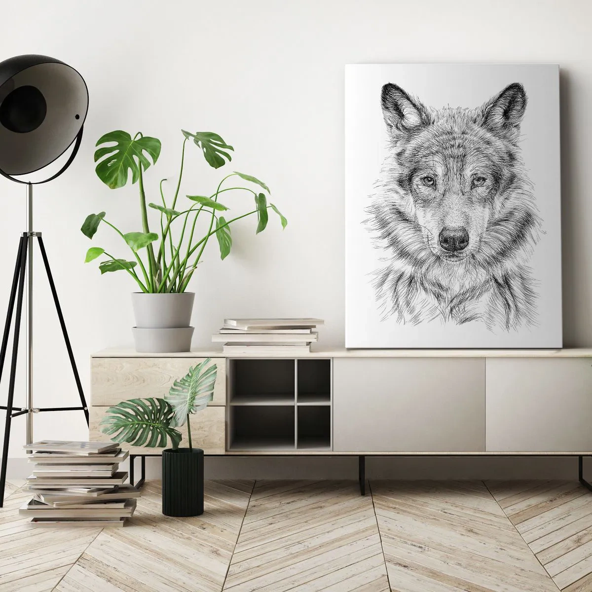 Bild auf Leinwand - Leinwandbild - Skizze eines Wolfskopfes im monochromen Stil auf weißem Hintergrund - 50x70cm - Ein geborener Anführer - Moderne Wanddekoration für Wohnzimmer und Schlafzimmer ARTTOR