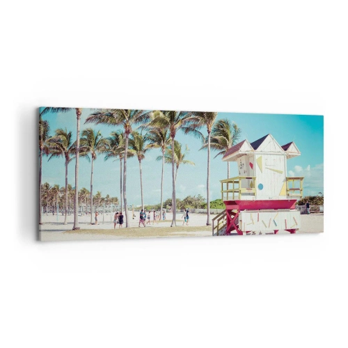 Bild auf Leinwand - Leinwandbild - Ein Strand mit Palmen und einem Rettungsschwimmerturm im Hintergrund - 120x50cm - Dir steht ein schöner Tag bevor - Moderne Wanddekoration für Wohnzimmer und Schlafzimmer ARTTOR