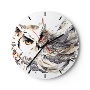 Wanduhr - Glasuhr - Eine Eule mit intensivem Blick, umgeben von kunstvollen Federn - 30x30cm - Sie kam aus der Welt der Magie - Moderne Wanddekoration für Wohnzimmer, Küche und Schlafzimmer ARTTOR