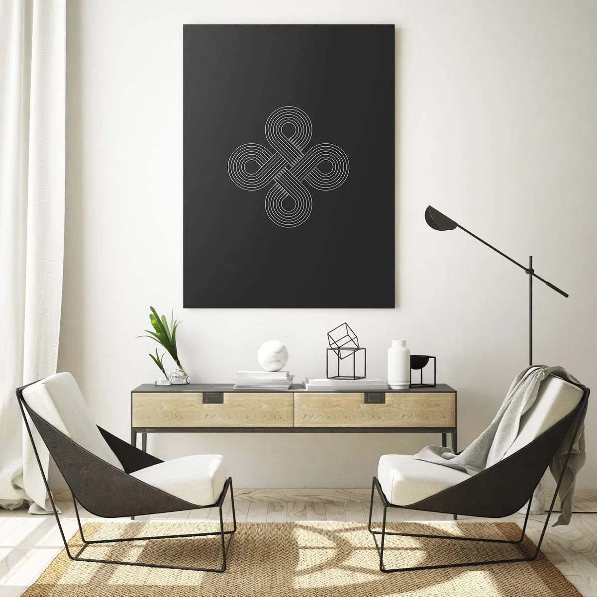 Glasbild - Bild auf glas - Minimalistisches weißes keltisches Symbol auf schwarzem Hintergrund - 50x70cm - Im keltischen Geist - Moderne Wanddekoration für Wohnzimmer und Schlafzimmer ARTTOR