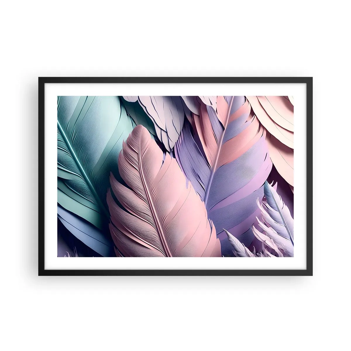 Poster in einem schwarzem Rahmen - Bunte Federn in Pastelltönen auf hellem Hintergrund - 70x50cm - Vogel-Chic - Moderne Wanddekoration für Wohnzimmer und Schlafzimmer ARTTOR
